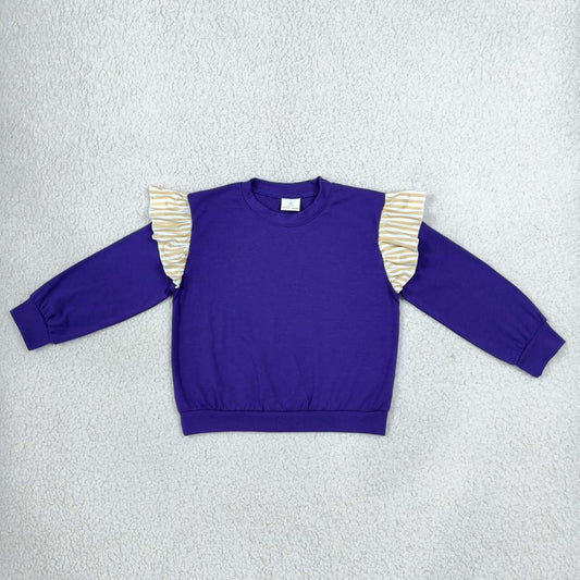 GT1846 Girls Yellow Striped  Flutter Long Sleeve Purple Top