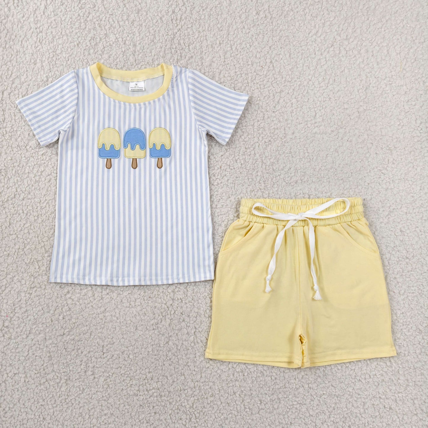 BSSO1975 Popsicle Embroidery Boys Outfits - Blue Stripe Tee & Yellow Drawstring Shorts Set