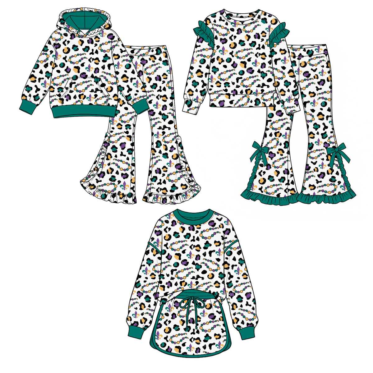 (Custom Design Preorder MOQ 5 Each) Anchor Leopard Print Girls Mardi Gras Clothes Set Sisters Wear