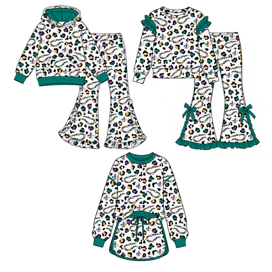 (Custom Design Preorder MOQ 5 Each) Anchor Leopard Print Girls Mardi Gras Clothes Set Sisters Wear