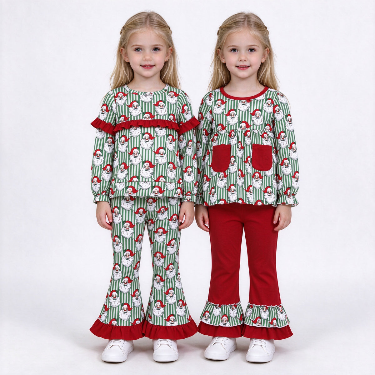 Sibling Kids Girls Christmas Santa Green Striped Outfit