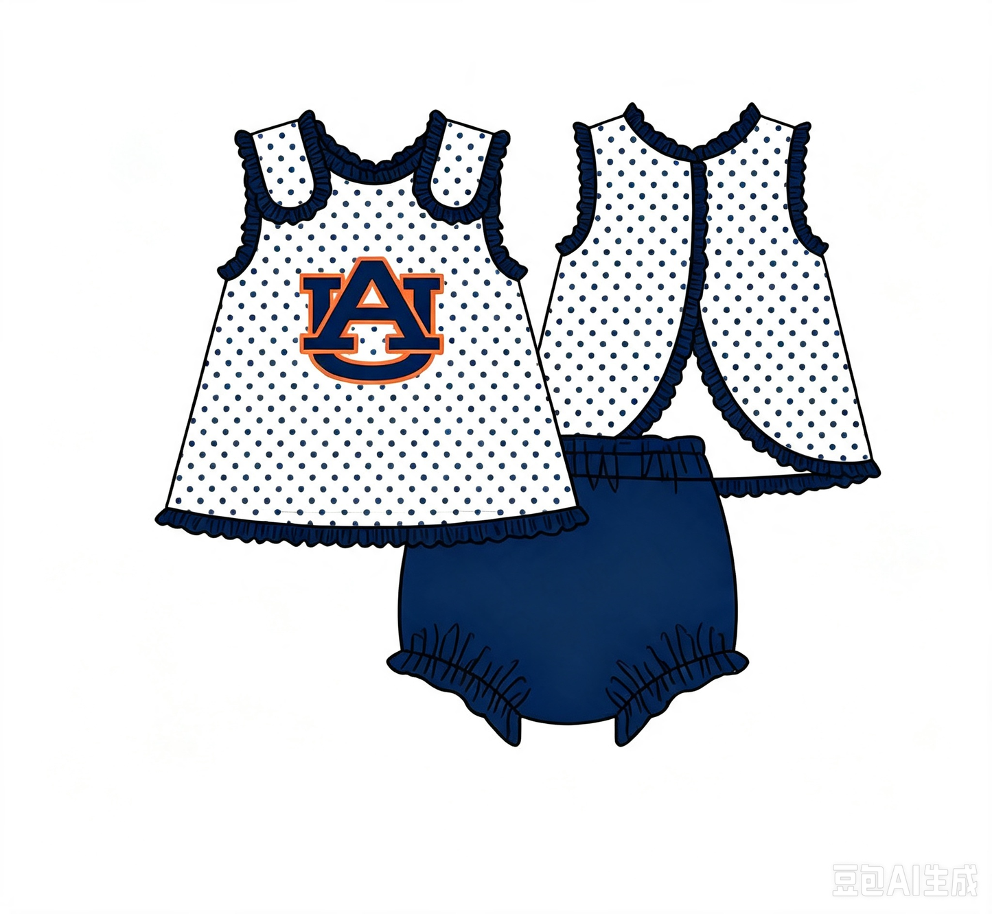 (Custom Design Preorder MOQ 5) Kids Girls Teams Auburn  Navy Polka Dot Sleeveless Tunic Bummie Set