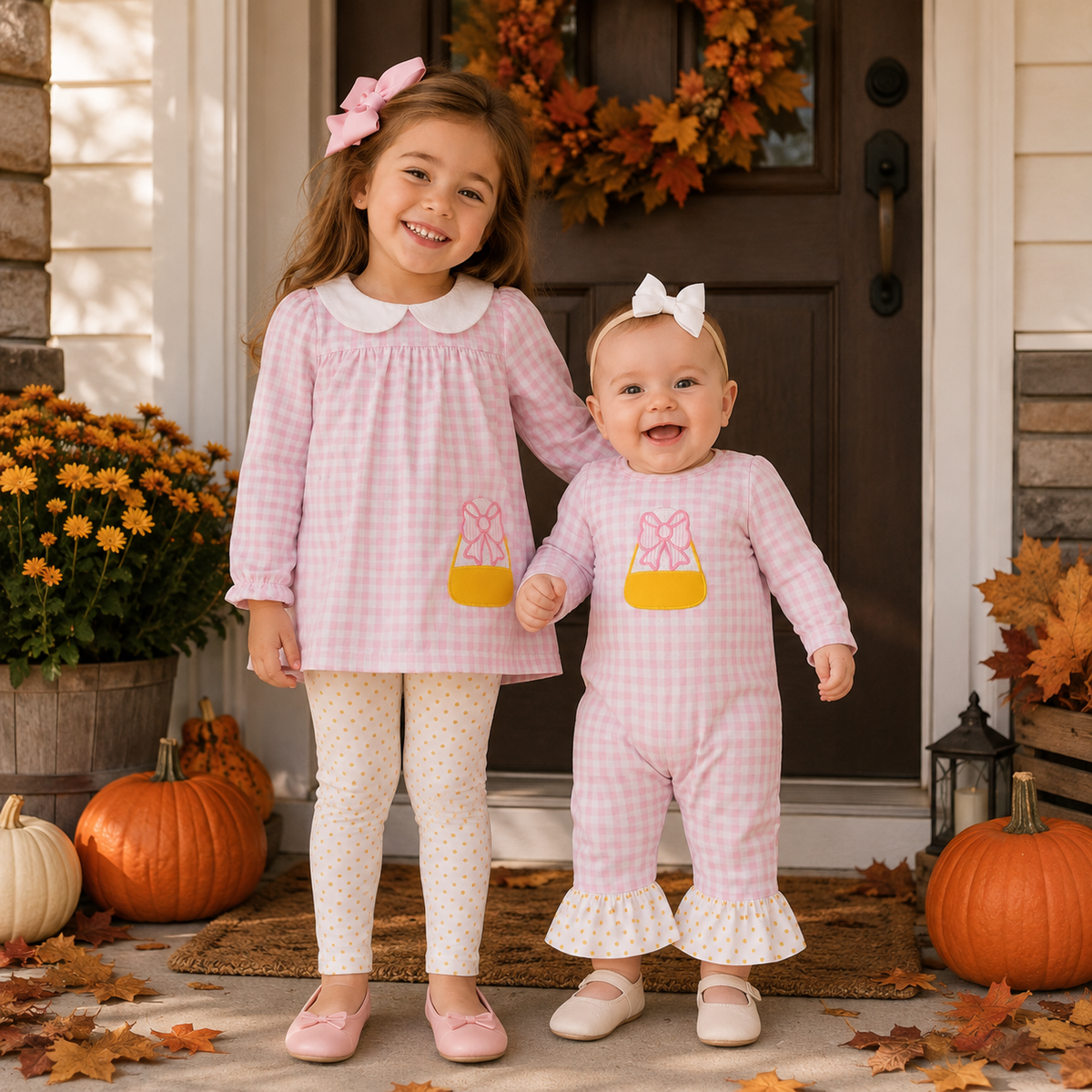 Sibling Baby Girls halloween Embroidery Candy Corn Tunic Top Outfit and Romper