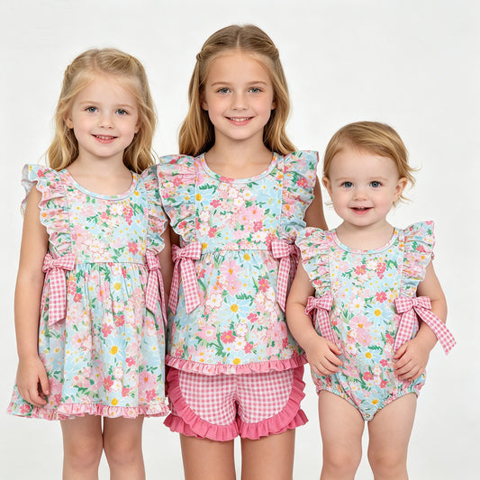 Sibling Baby Girls Blue Pink Flowers Rompers Dresses Outfits Sets