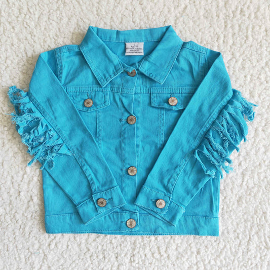 6 A32-29 Blue Tassel Denim Jackets Girls Fall Button Up Jeans Coat