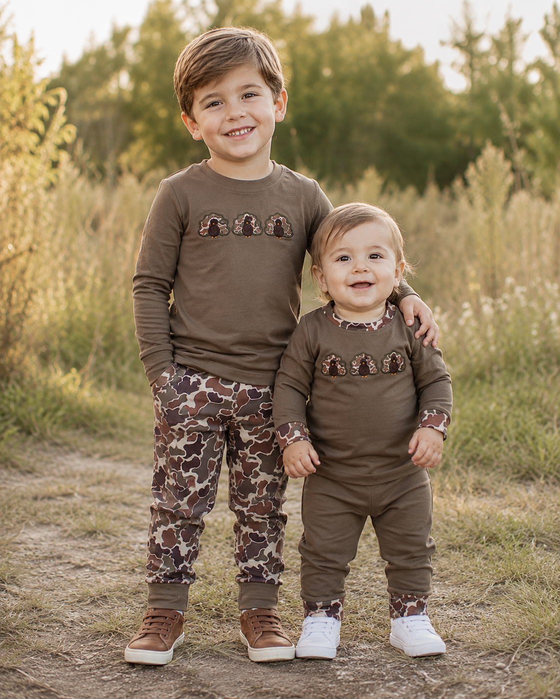 Sibling Baby Boys Embroidery  Turkey Camo Pants Outfit and Romper