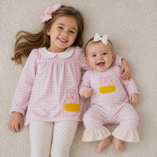 Sibling Baby Girls halloween Embroidery Candy Corn Tunic Top Outfit and Romper