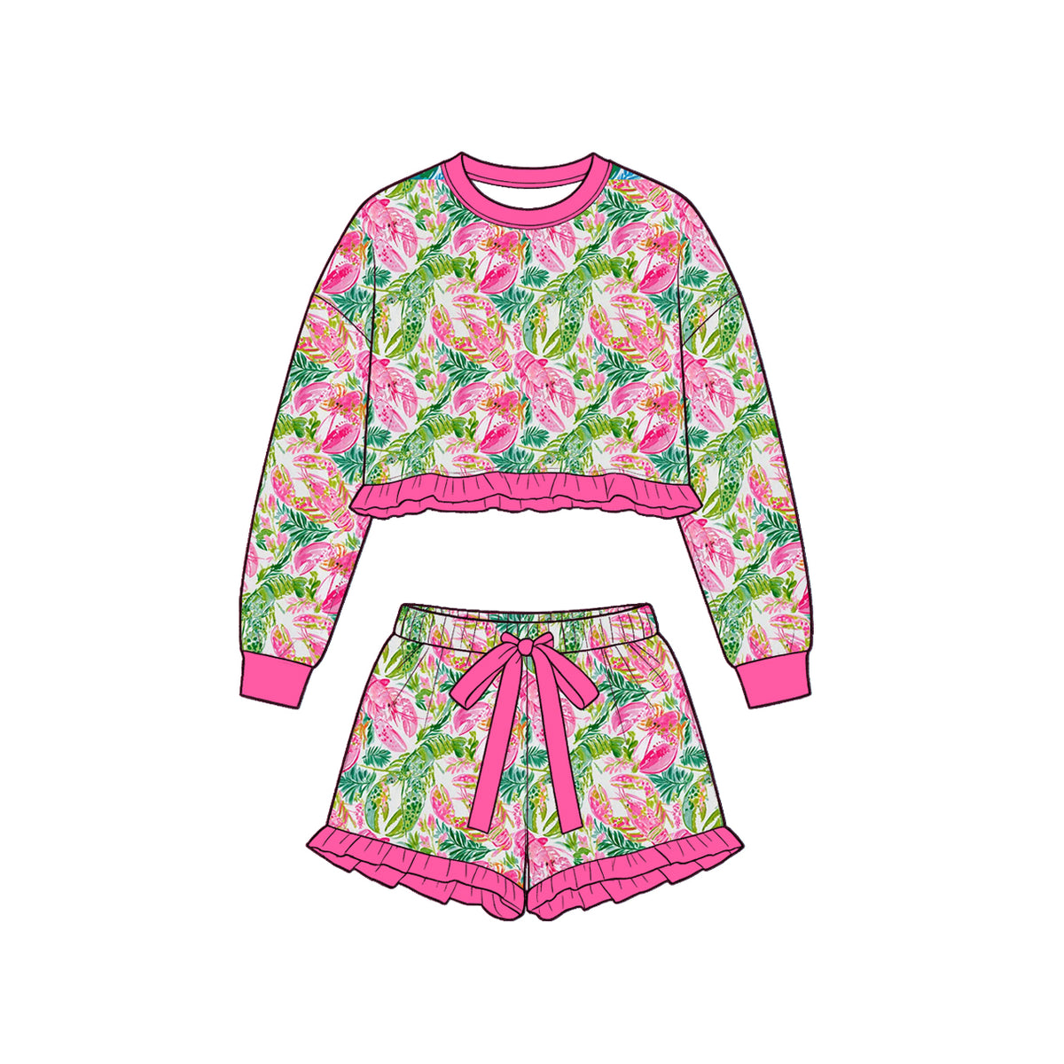 (Custom Design Preorder MOQ 5 Each)Seaweed Flowers Crayfish Print Long Sleeve Top Shorts Girls Clothes Set Sisters Wear