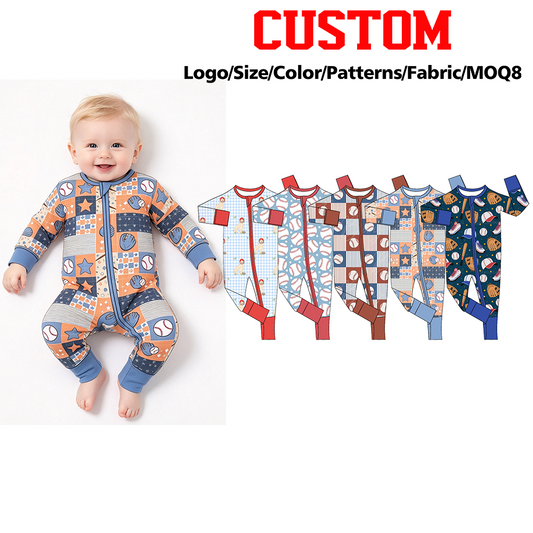 (Custom Design Preorder MOQ 5 ) Baseball Print Baby Fall Zipper Sleeper Romper Sibling Wear