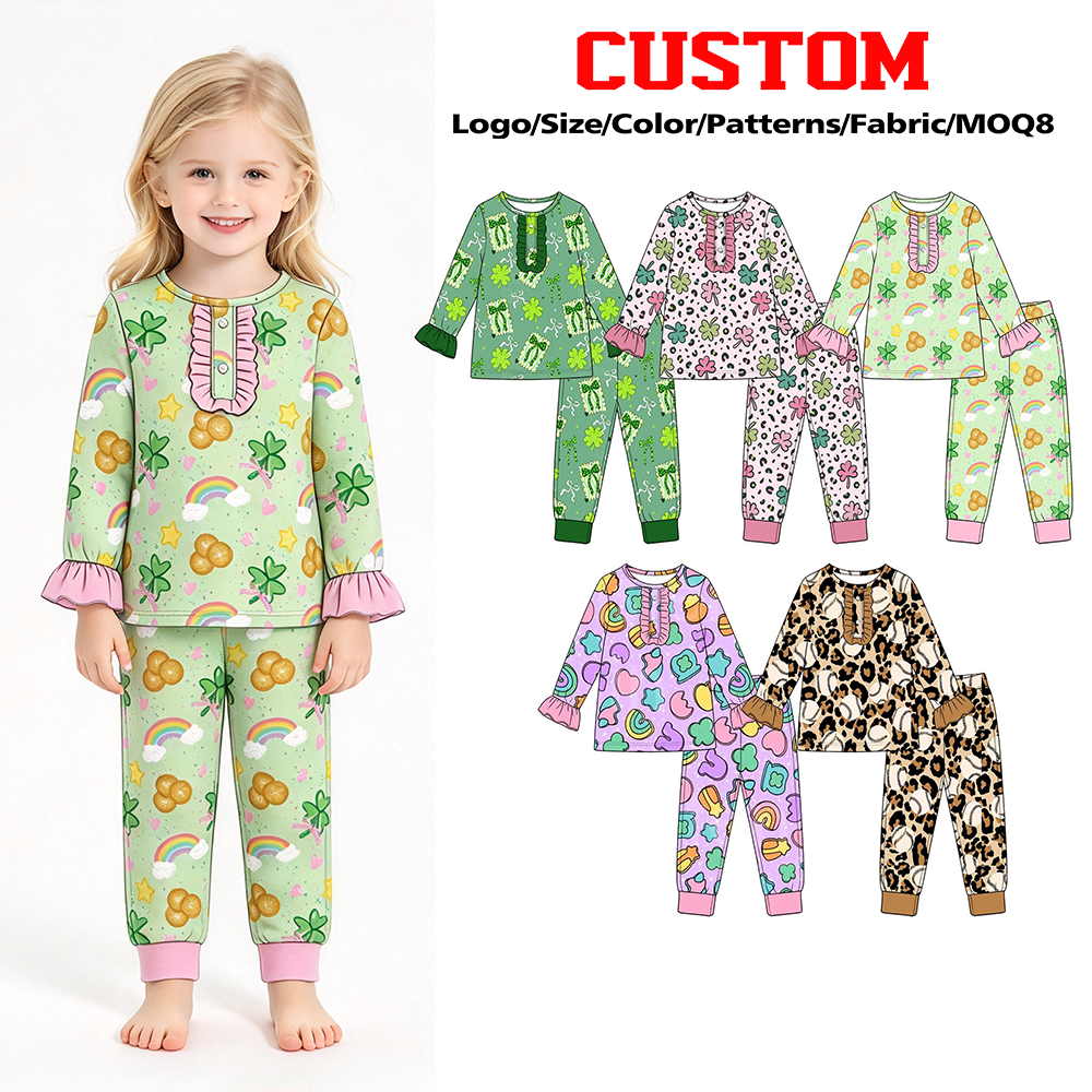 (Custom Design Preorder MOQ 5 Each) Shamrock Bows Rainbow Print Girls St. Patrick's Day Pajamas Clothes Set Sisters Wear