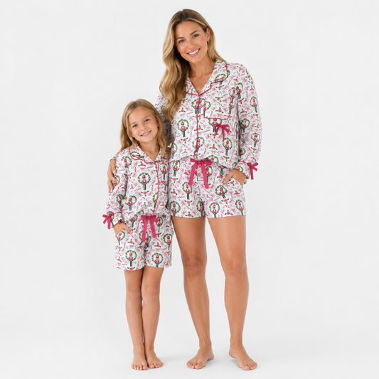 Mommy and Me Holly Soldiers Bows Button Pocket Long Sleeves Short Pajamas Sets
