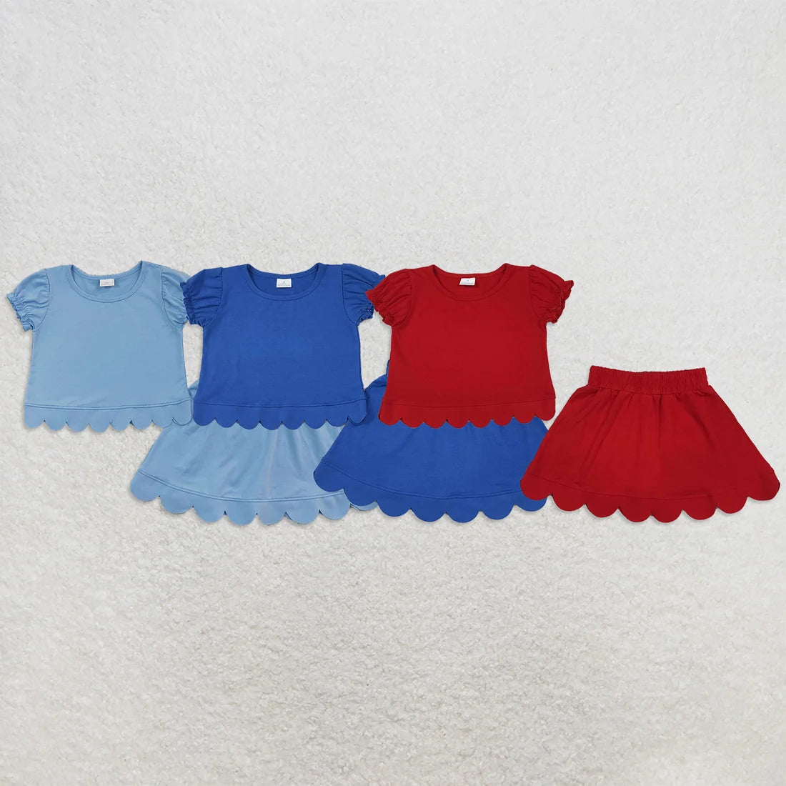 Sibling Baby Girls Solid Color Cotton Short Sleeve Top With Scalloped Skort Outfit