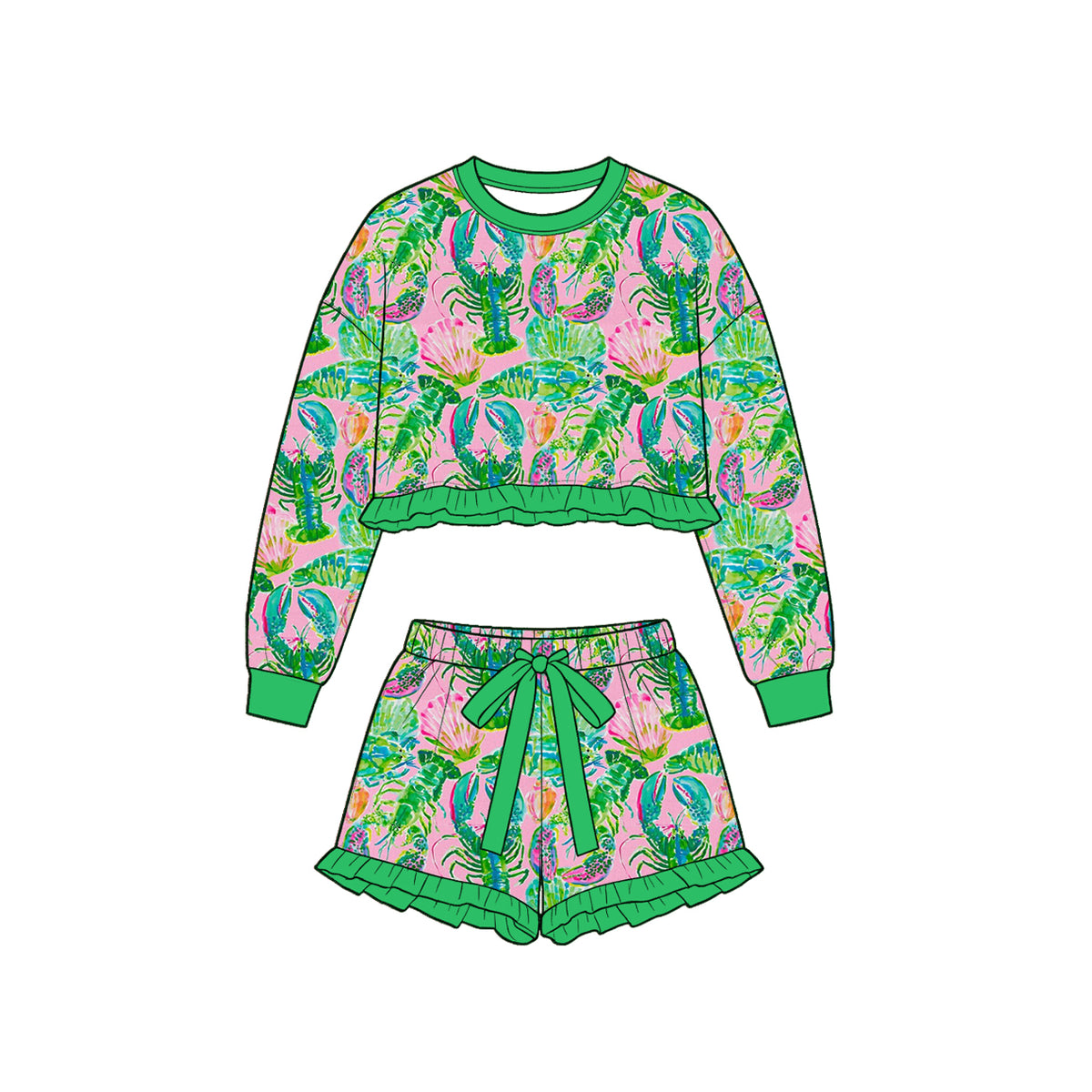 (Custom Design Preorder MOQ 5 Each)Seaweed Flowers Crayfish Print Long Sleeve Top Shorts Girls Clothes Set Sisters Wear