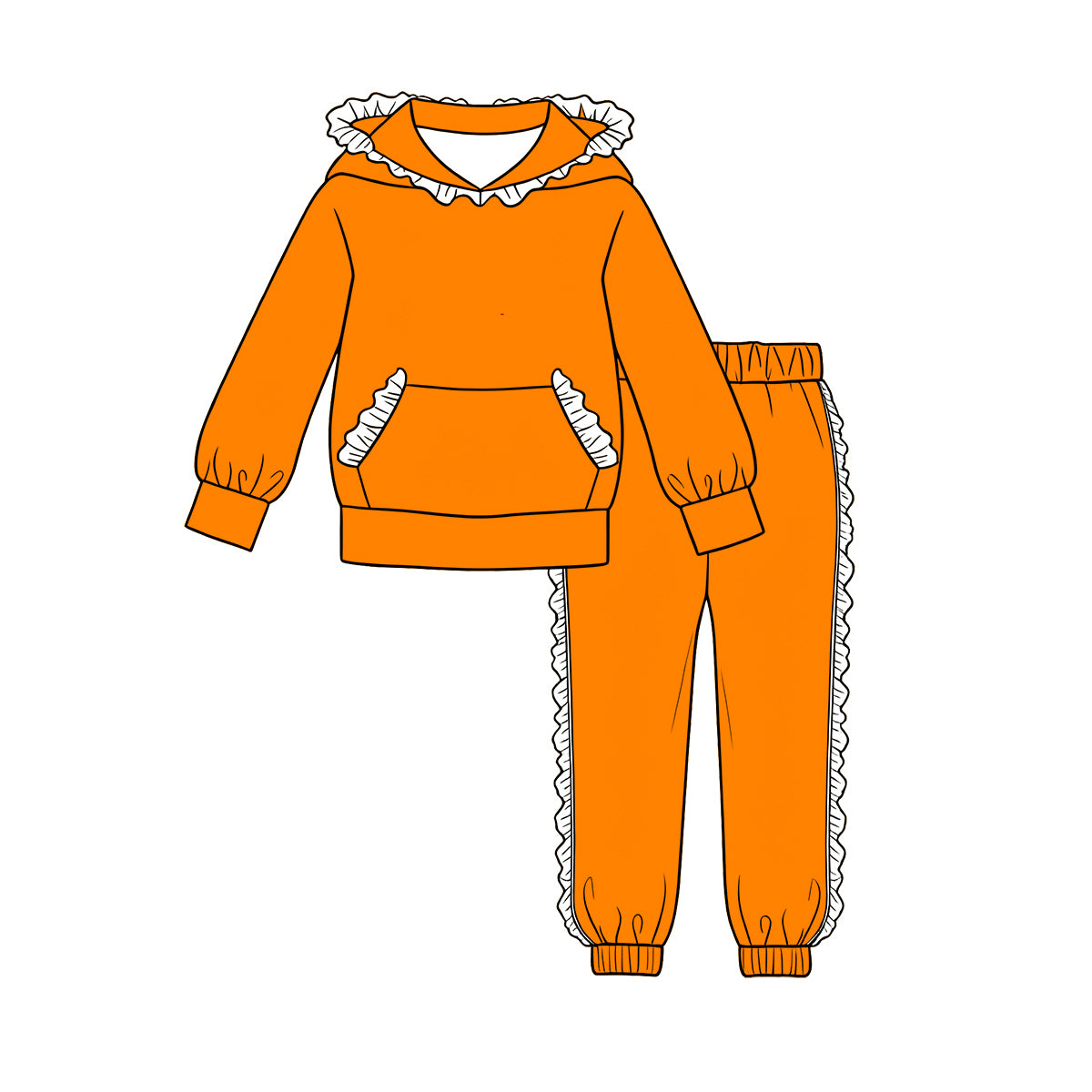 (Custom Design Preorder MOQ 5 Each)Teams Blank Cotton Long Sleeve Hoodie Top Pants Girls Ruffles Clothes Set Sisters Wear