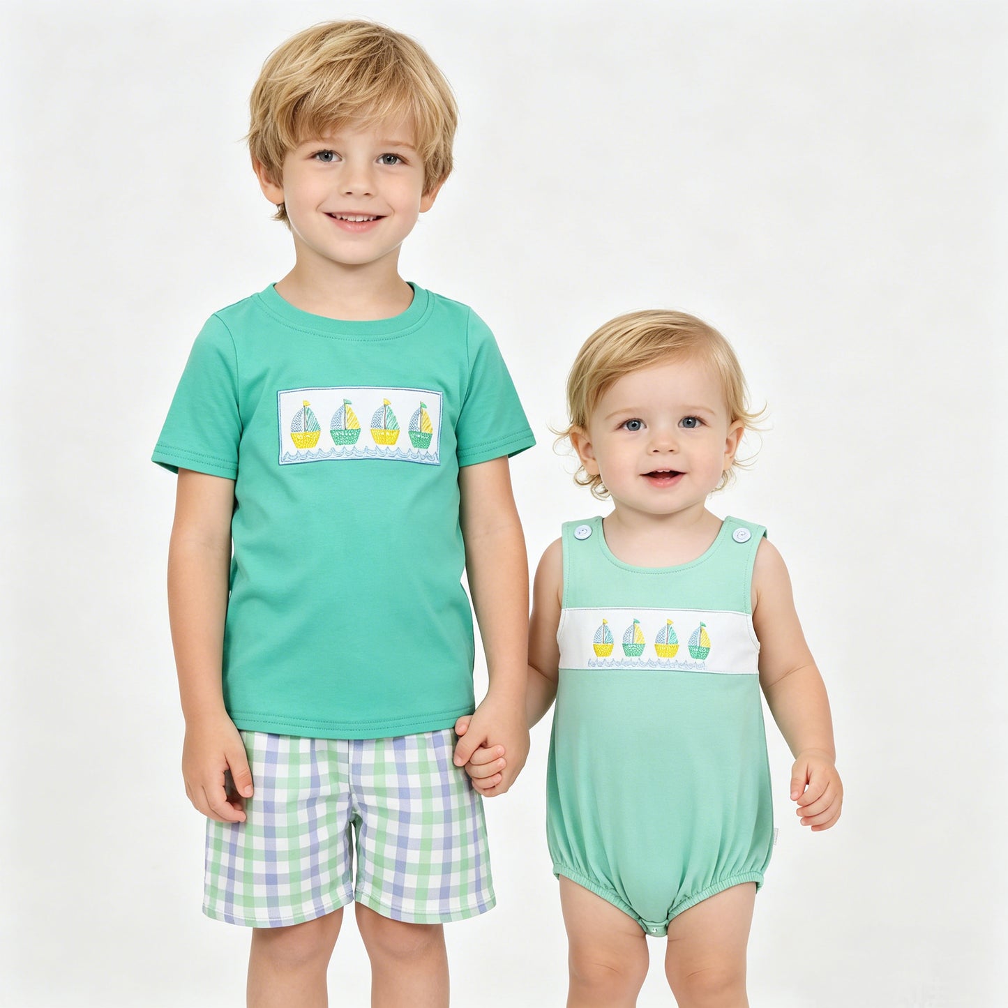 Toddler Boys Embroidered Sailboat Outfit Set, Sibling Matching Summer Clothes