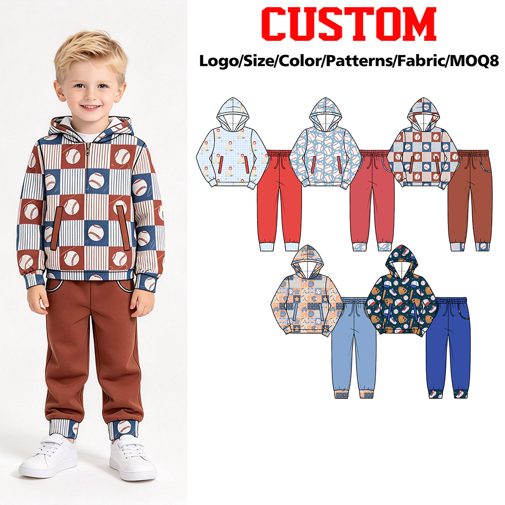 (Custom Design Preorder MOQ 5 Each)Baseball Print Hoodie Top Pockets Pants Boys Fall Clothes Set Brothers Wear