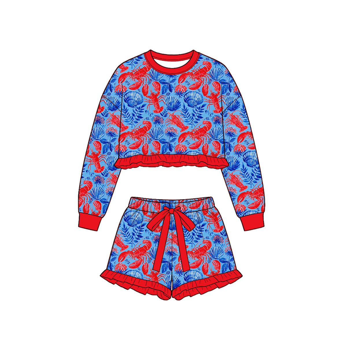 (Custom Design Preorder MOQ 5 Each)Seaweed Flowers Crayfish Print Long Sleeve Top Shorts Girls Clothes Set Sisters Wear