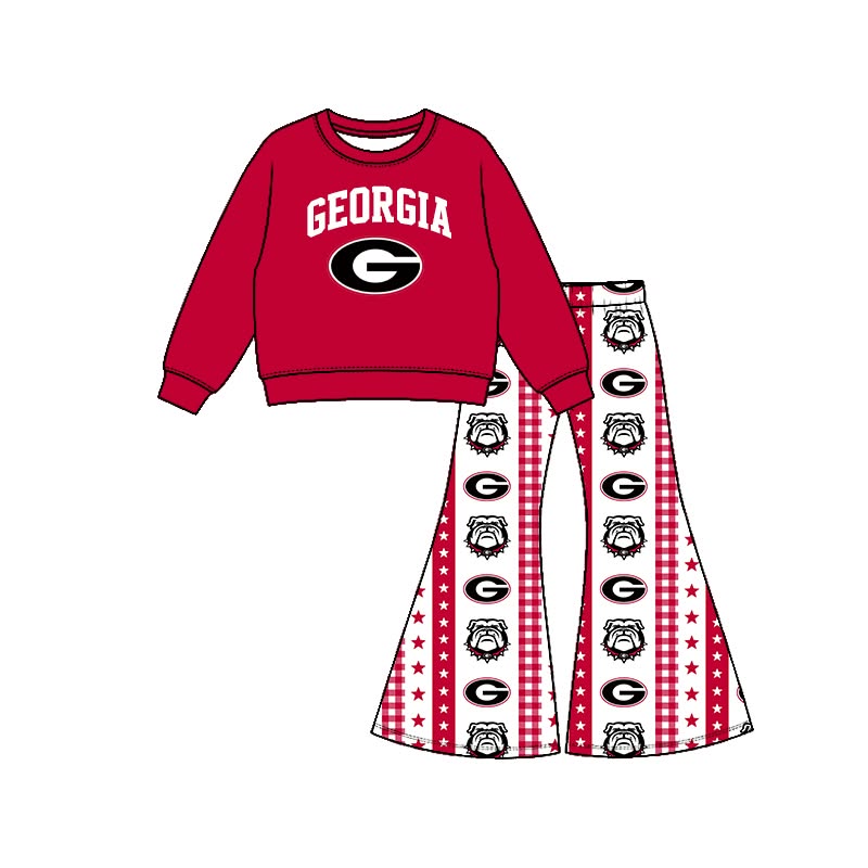 Preorder( 5  MOQ) Baby Girls Sport Team Georgia Long Sleeve Top Bell Bottom Pants Outfit