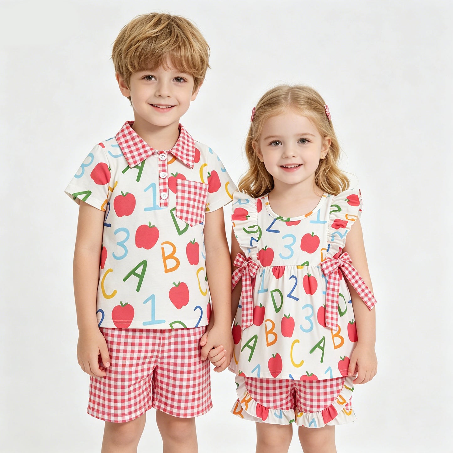 Sibling Back to School Outfit Apple Print Short Sleeve Top +Red Gingham Shorts Set