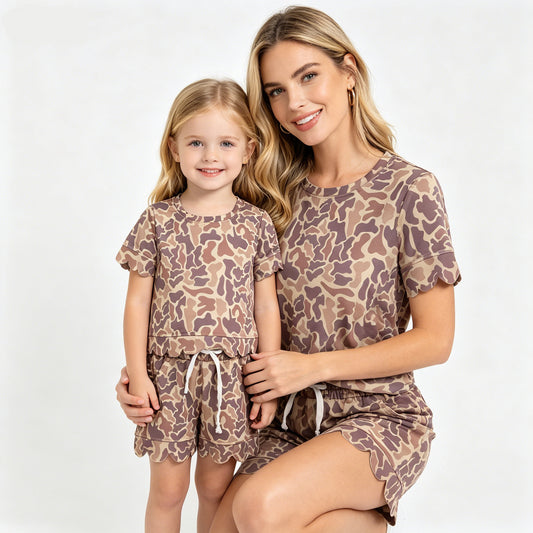 Mommy and Me Khaki Camo Scallop Outfits, Short Sleeve Two Piece Set for Mother Daughter