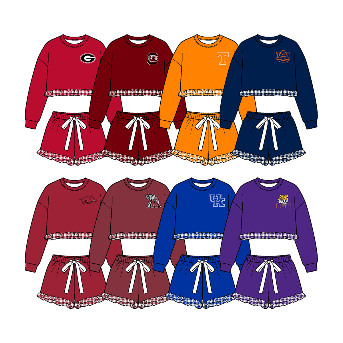 (Custom Design Preorder MOQ 5 Each)Teams Logo Print Long Sleeve Top Shorts Girls Clothes Set Sisters Wear