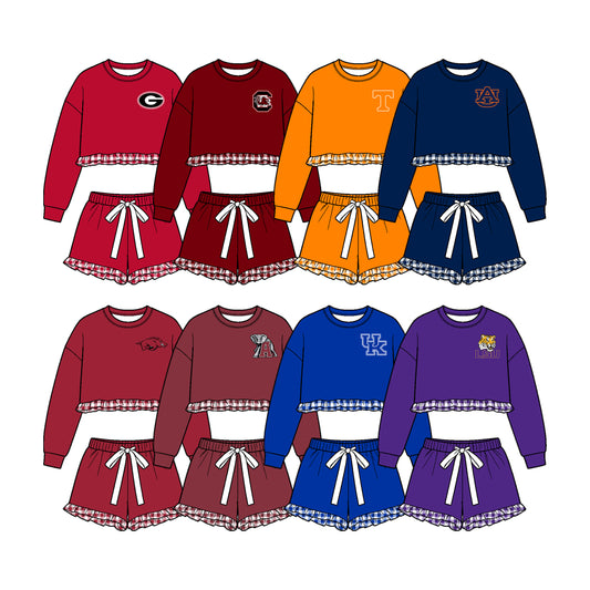 (Custom Design Preorder MOQ 5 Each)Teams Logo Print Long Sleeve Top Shorts Girls Clothes Set Sisters Wear