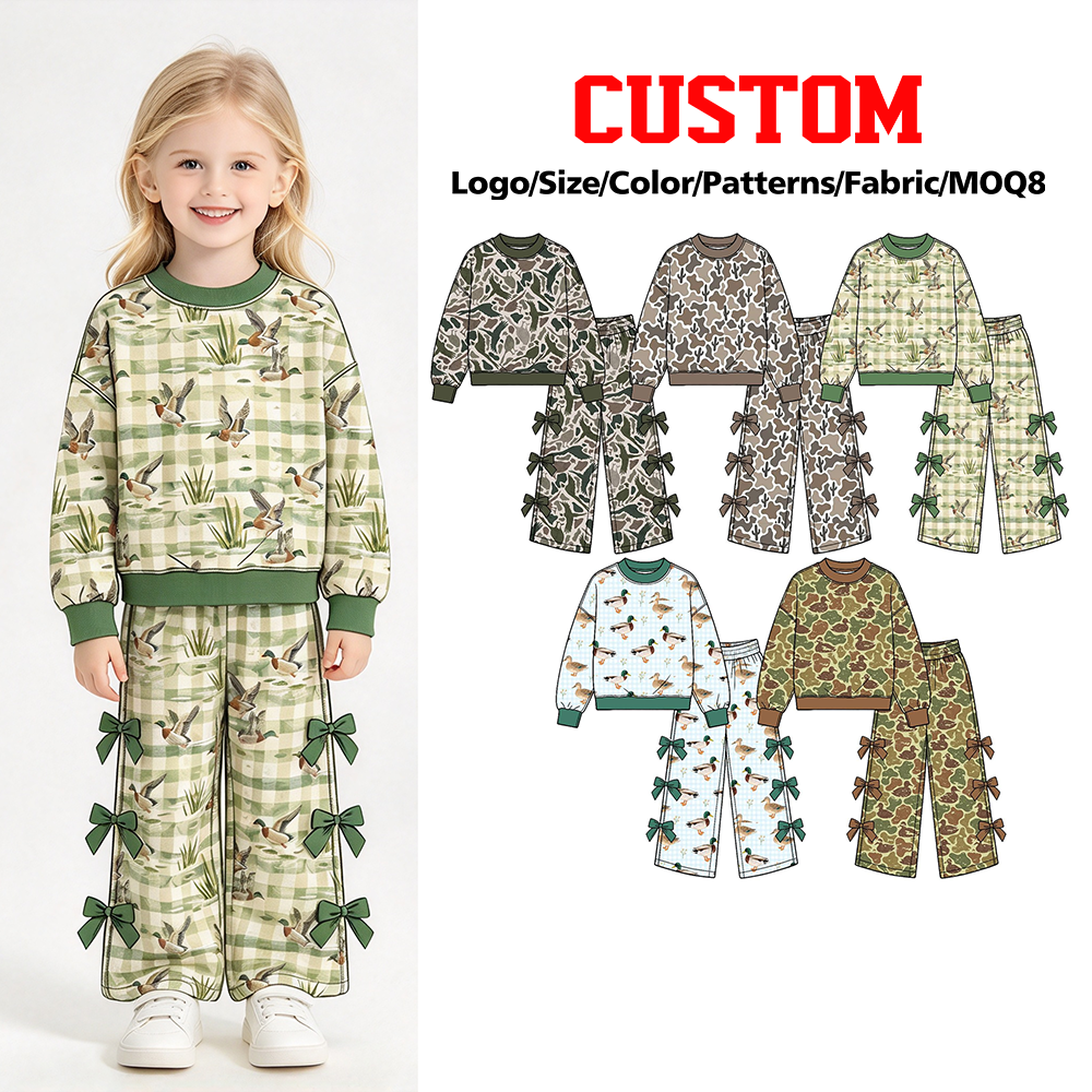 (Custom Design Preorder MOQ 5 Each) Checkered Camo Duck Print Long Sleeve Top Wide Leg Pants with Side Bows Girls Southern Clothes Set Sisters Wear