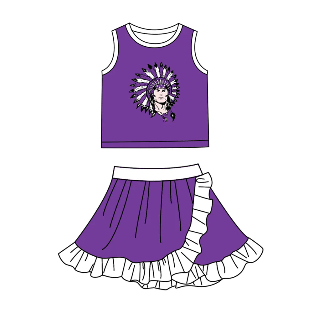 (Custom  Preorder MOQ 5) Baby Girls Purple Vikings Vest Top Ruffle Skirt Short Team Clothes Sets
