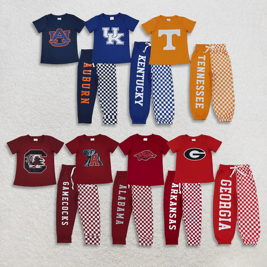 Sibling Kids Boys Cotton Short Sleeve  Checked Jogger Pants Vinyl Sport Team Outfit