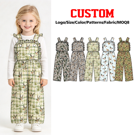 (Custom Design Preorder MOQ 5) Duck Camo Checkered Print Baby Girls Strap Jumpsuits Sisters Overall Styles Southern Sisters Wear