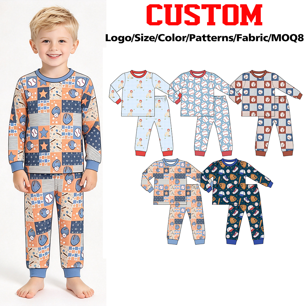 (Custom Design Preorder MOQ 5 Each)Baseball Print Boys Fall Pajamas Clothes Set Brothers Wear