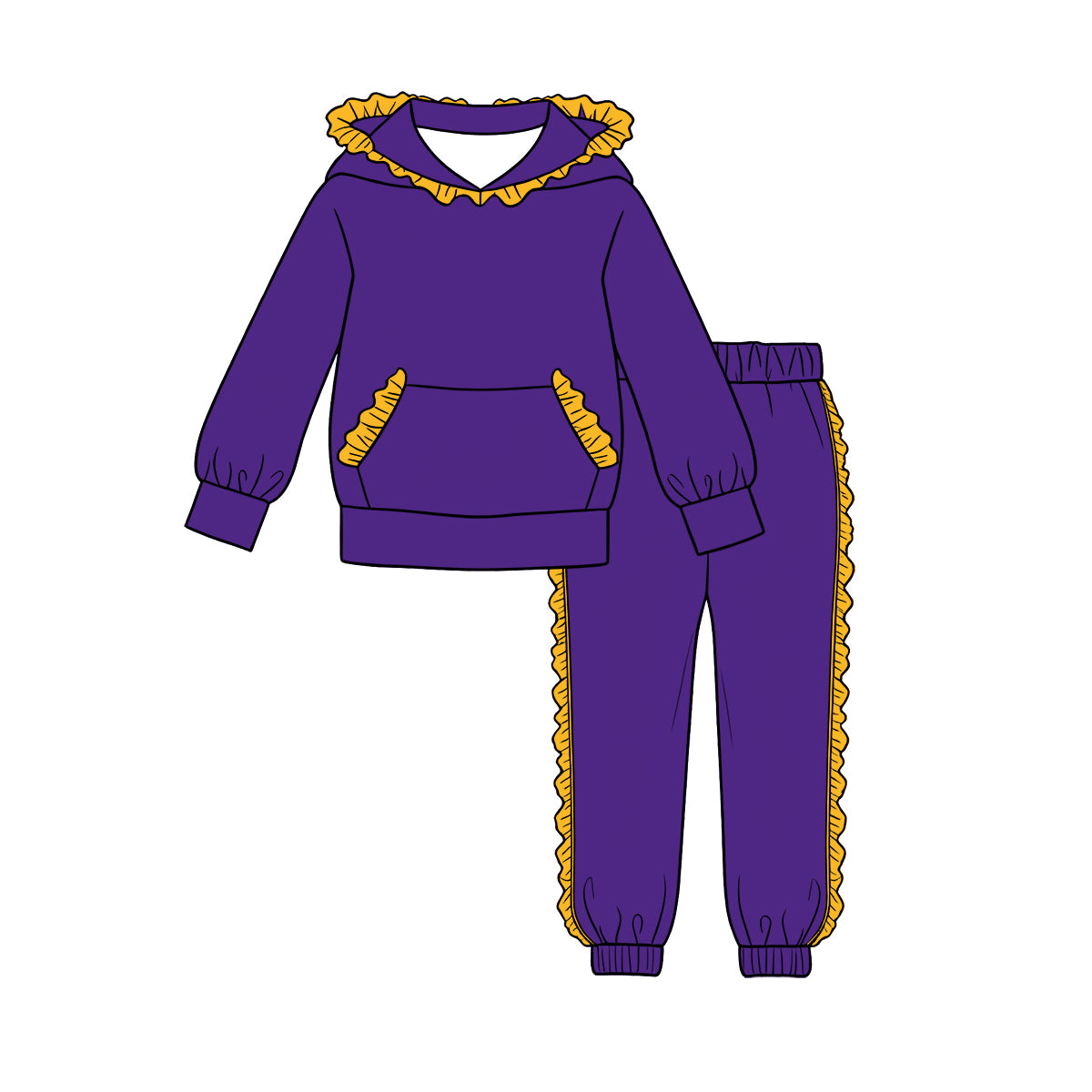 (Custom Design Preorder MOQ 5 Each)Teams Blank Cotton Long Sleeve Hoodie Top Pants Girls Ruffles Clothes Set Sisters Wear