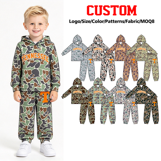 (Custom Design Preorder MOQ 5 Each) Teams Tennessee Camo Print Hoodie Top Joggers Pants Kids Pockets Clothes Set Sibling Wear