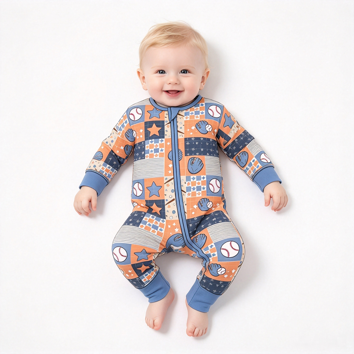 (Custom Design Preorder MOQ 5 ) Baseball Print Baby Fall Zipper Sleeper Romper Sibling Wear