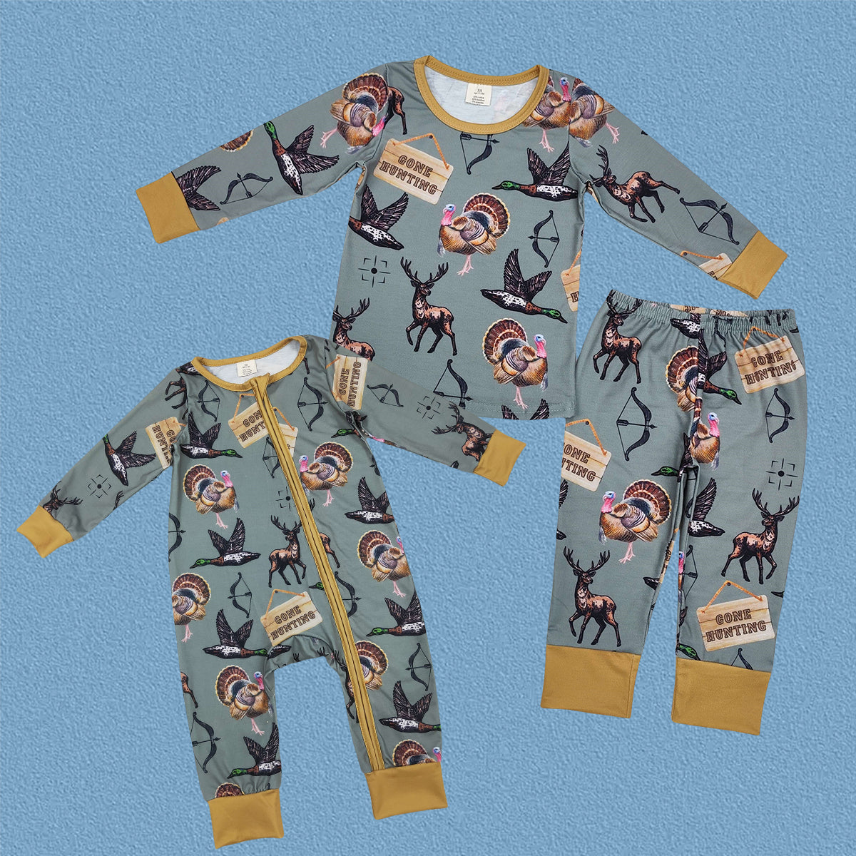 Gone Hunting Toddler Boys Sibling Long Sleeve Pajama Set /Zipper Romper