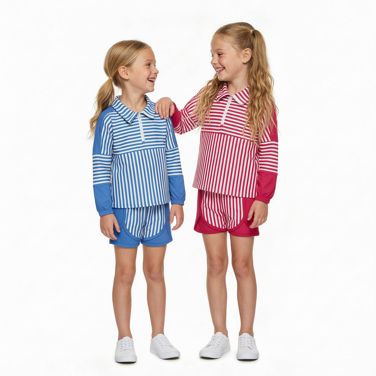 Sibling Kids Girls Striped Zipper Pullover Top Shorts Active Outfit