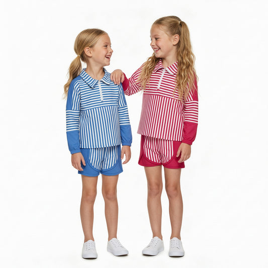 Sibling Kids Girls Striped Zipper Pullover Top Shorts Active Outfit