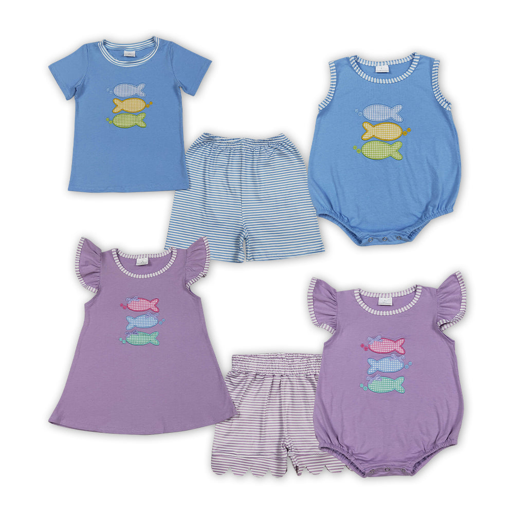 Kids Gingham Fish Embroidery Set - Summer Striped Outfit Sibling