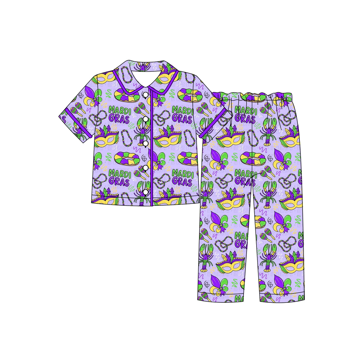 (Custom Design Preorder MOQ 5 Each)Mask Print Girls Mardi Gras Buttons Pajamas Clothes Set Sisters Wear