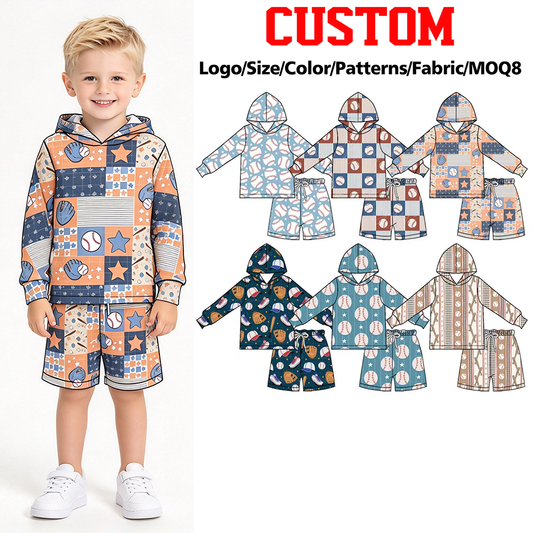 (Custom Design Preorder MOQ 5 Each)Baseball Print Hoodie Top Pockets Shorts Boys Clothes Set Brothers Wear