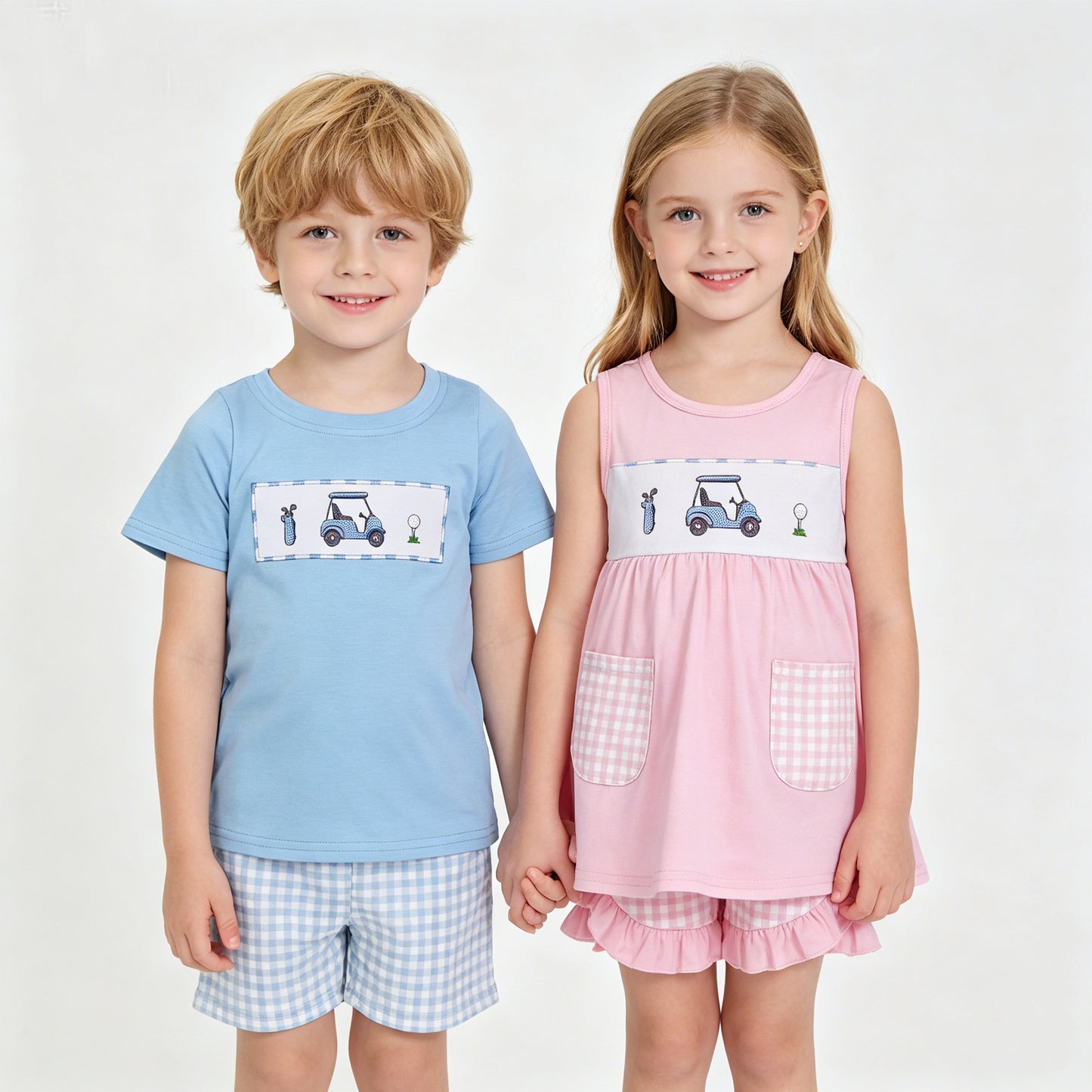 Summer Sibling Toddler Girls Embroidery Golf Car Shorts Outfit