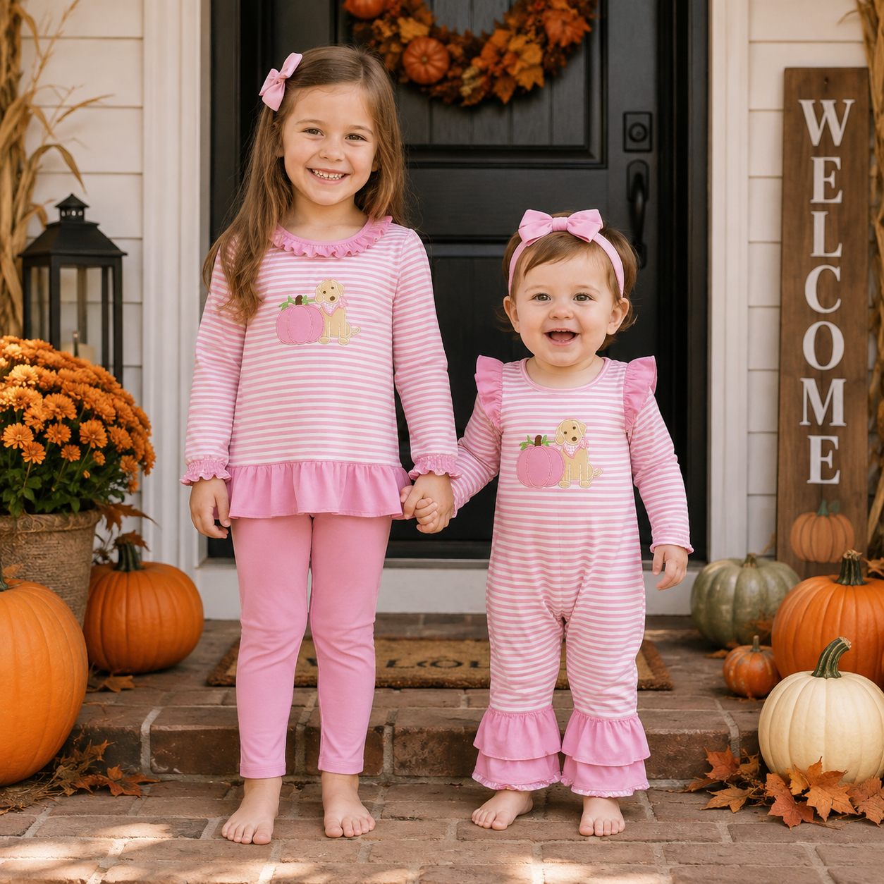 Sibling Baby Girls Embroidery Pink Pumpkin Dog Outfit + Romper