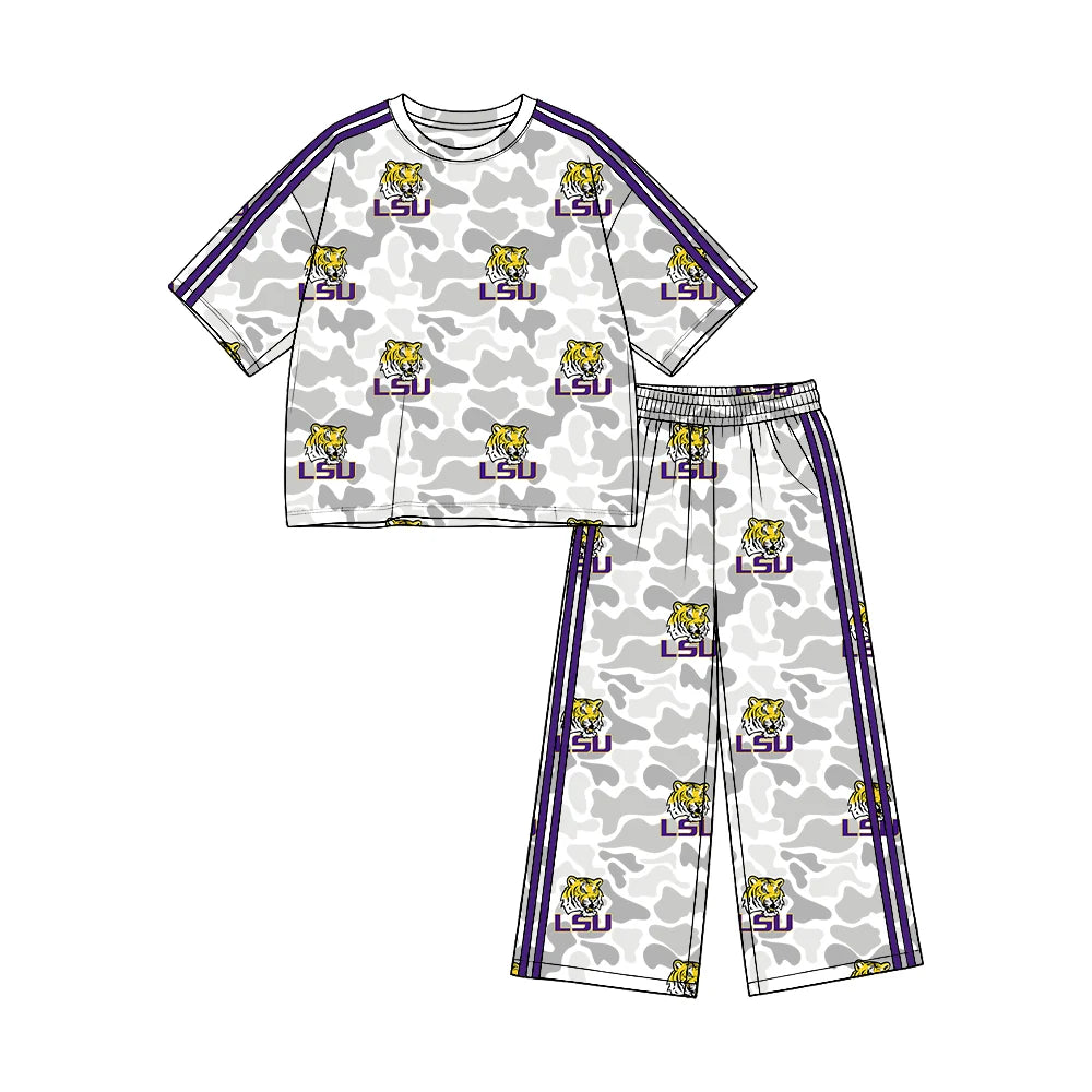 (Custom Design Preorder MOQ 5) Teams Louisiana Grey Camo Print Straight Pants Girls Clothes Set