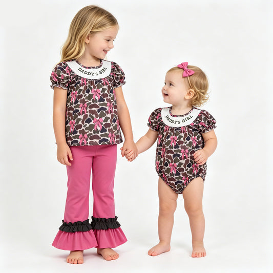 Sibling Baby Girls Smocked Daddy's Girl Camo Bows Tunic Ruffle Pants Clothes Set Romper