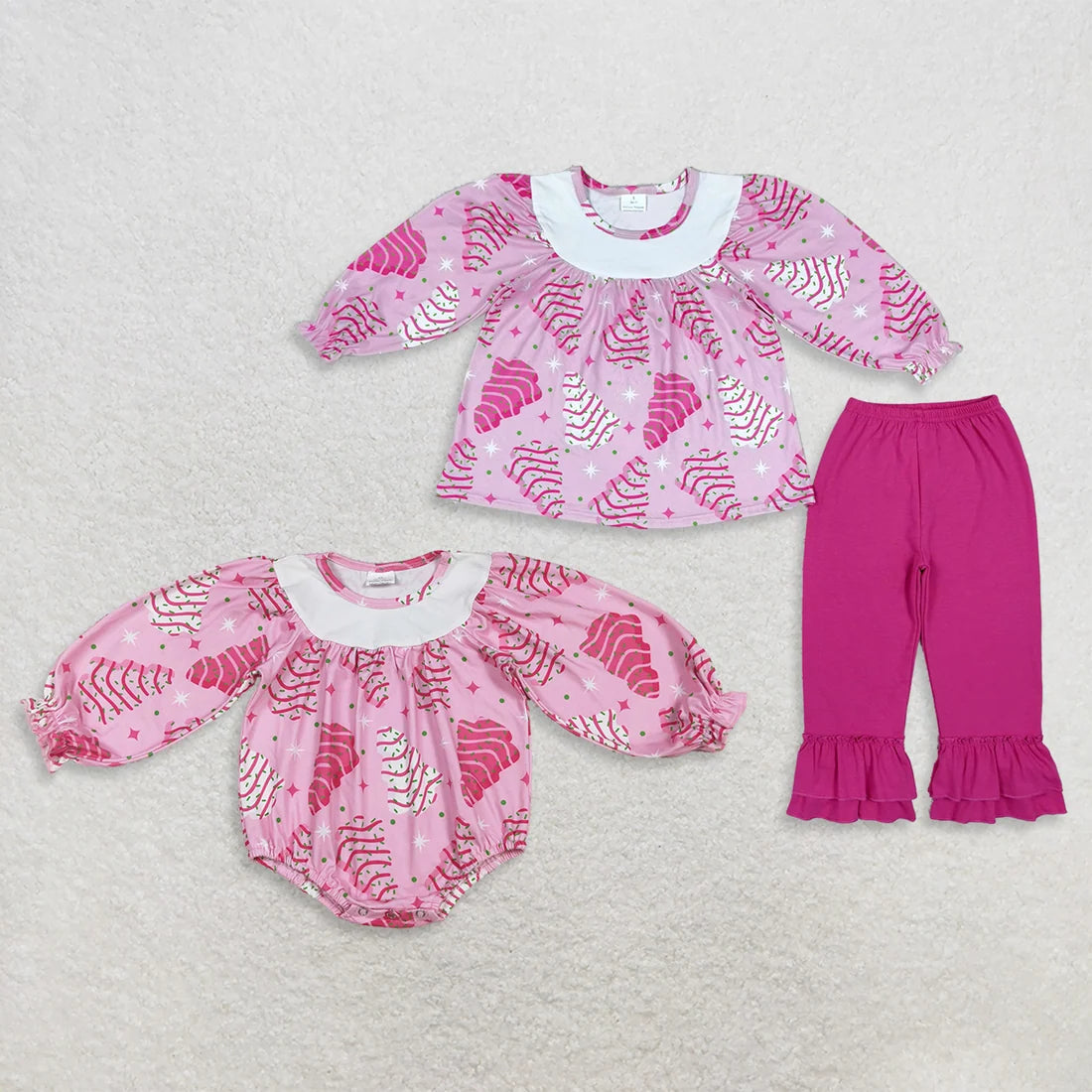 Sibling Baby Girls  Christmas Tree Cake Pink Outfit +Romper