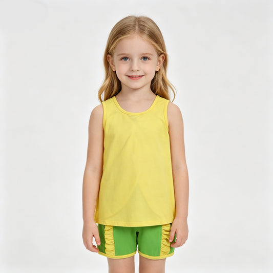 Toddler Girls Yellow Green Bow Back Tank Top Ruffle Shorts Set, Summer Sleeveless Outfit for Little Girls