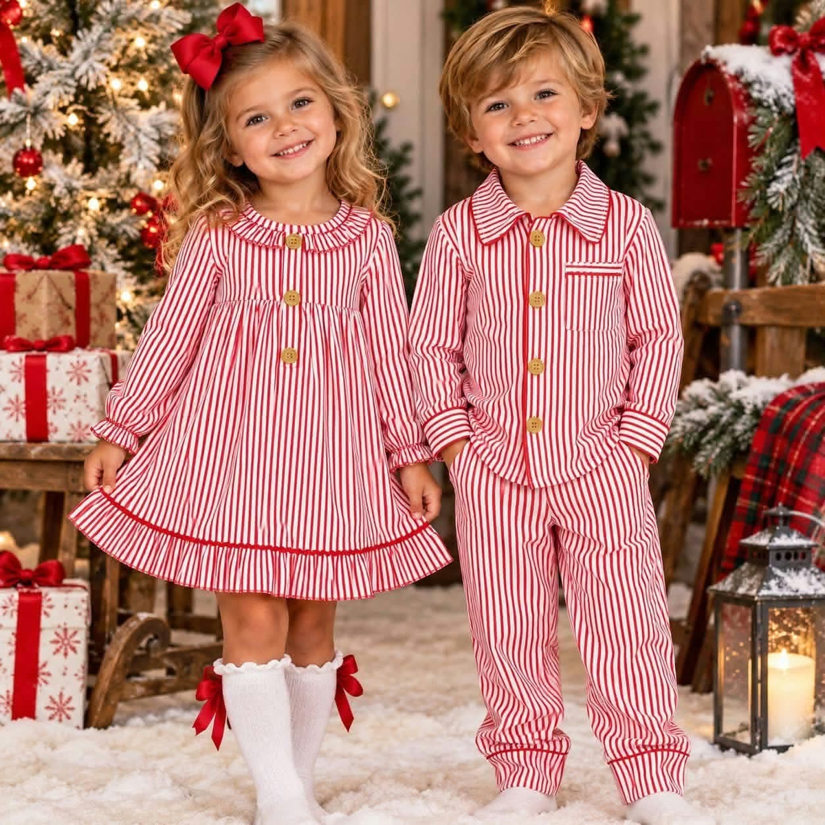 Sibling Toddler Girls Boys Christmas  Red Striped Sleeping Gown Pajama Set