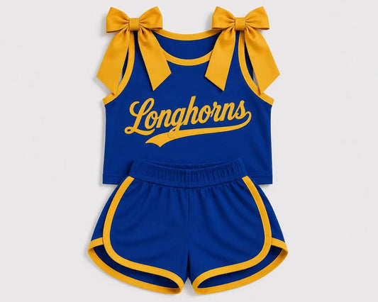 (Custom Design Preorder MOQ 5) Girls  Bow Strap  Longorns Tank  & Shorts Sport Team Outfit