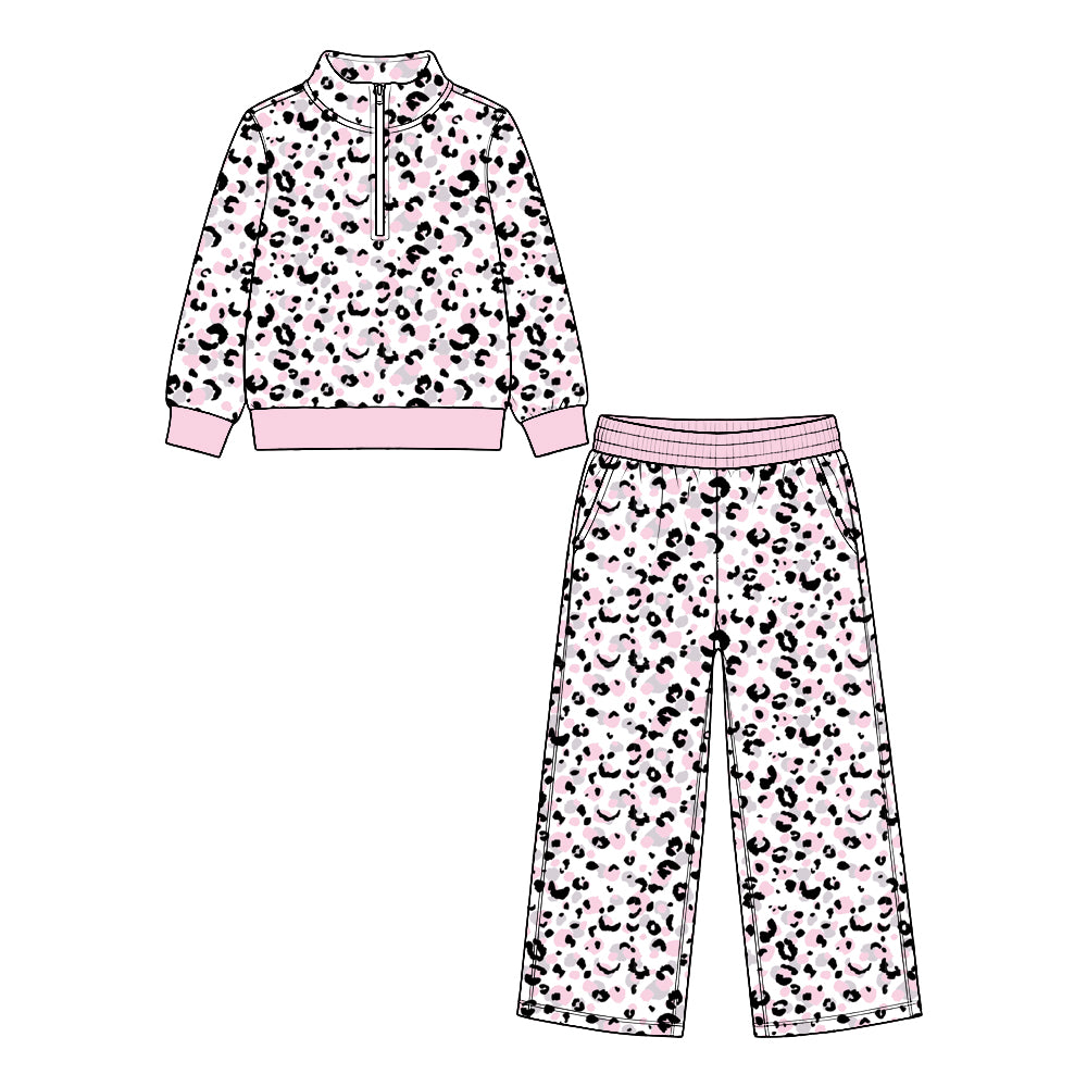(Custom Design Preorder MOQ 5) Leoaprd Zipper Top Pockets Pants Girls Clothes Set Sisters Wear