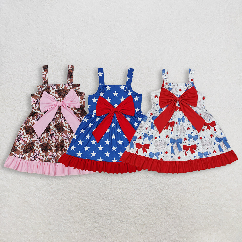Sibling Baby Girls Strap Bows Cows 4th of July Western Ruffle Knee Length Dresses
